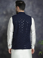Jompers Men's embroidered and sequins Nehru Jacket - Navy Blue | Grocsy