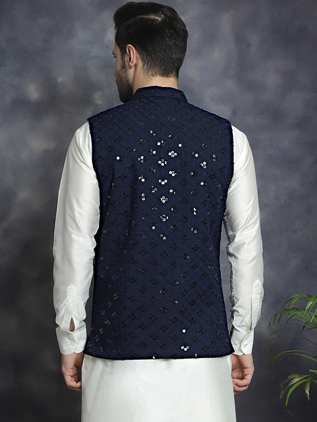 Jompers Men's embroidered and sequins Nehru Jacket - Navy Blue | Grocsy