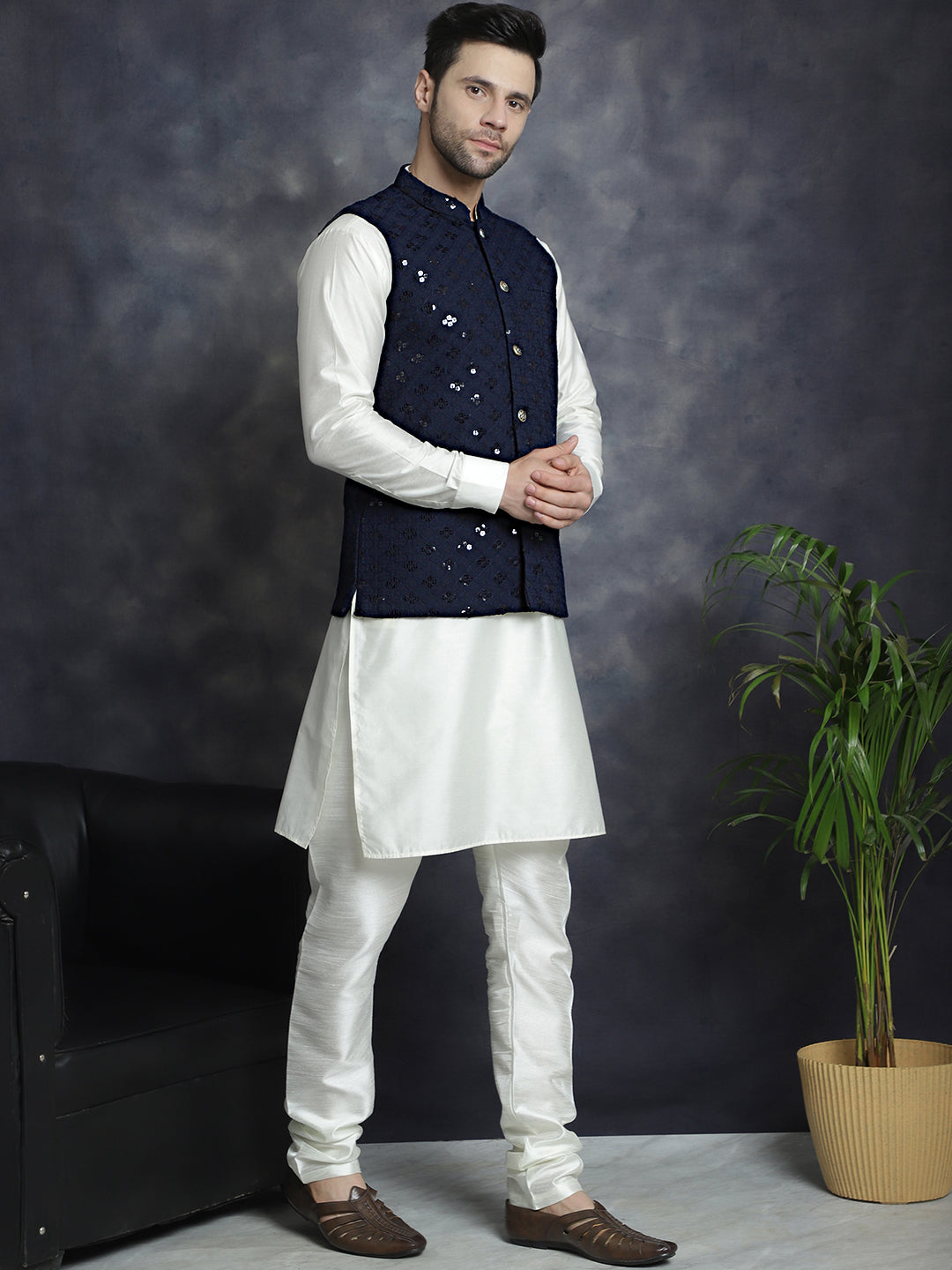 Jompers Men's embroidered and sequins Nehru Jacket - Navy Blue | Grocsy