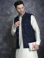 Jompers Men's embroidered and sequins Nehru Jacket - Navy Blue | Grocsy