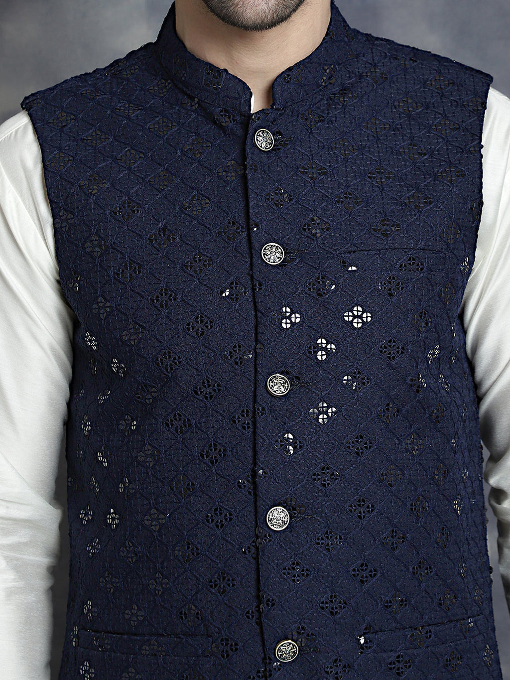Jompers Men's embroidered and sequins Nehru Jacket - Navy Blue | Grocsy