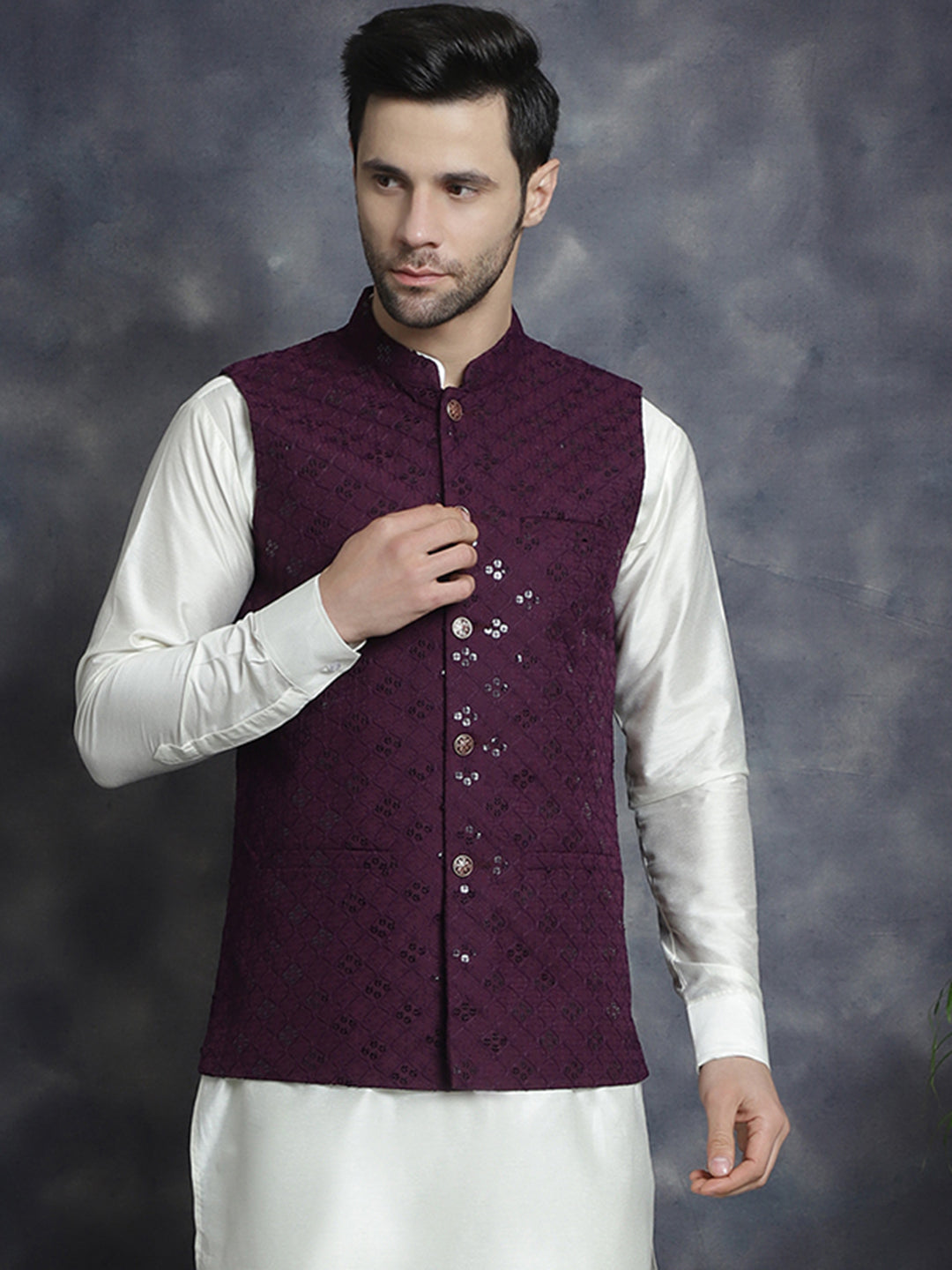 Jompers Men's embroidered and sequins Nehru Jacket - Purple | Grocsy