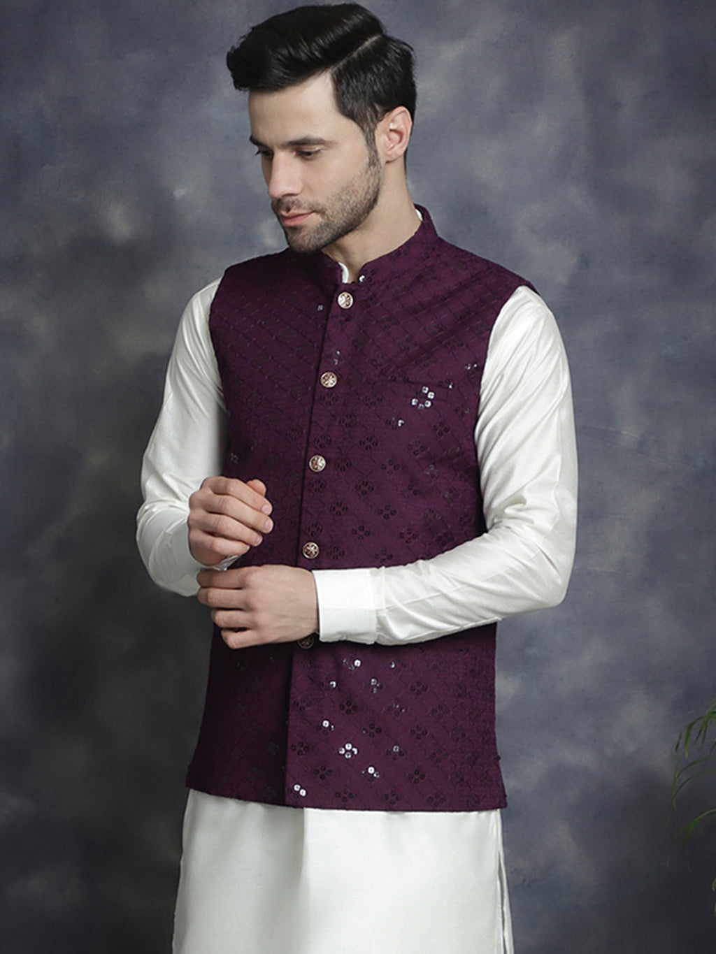 Jompers Men's embroidered and sequins Nehru Jacket - Purple | Grocsy