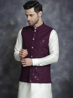 Jompers Men's embroidered and sequins Nehru Jacket - Purple | Grocsy