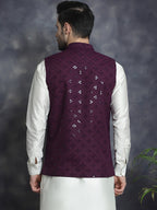Jompers Men's embroidered and sequins Nehru Jacket - Purple | Grocsy