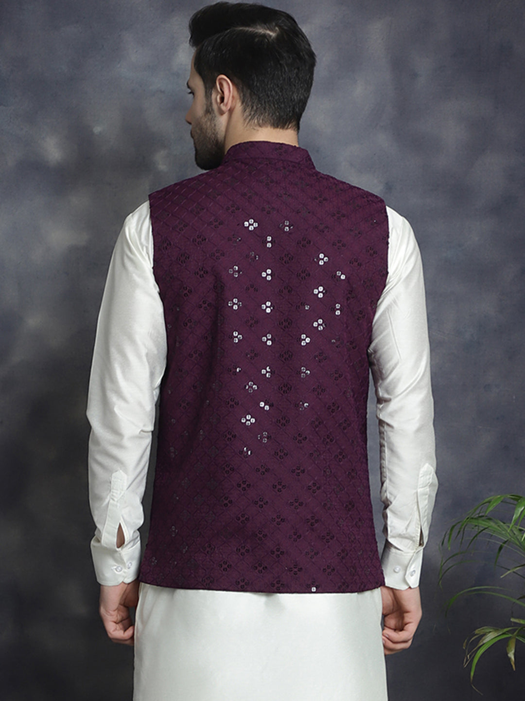 Jompers Men's embroidered and sequins Nehru Jacket - Purple | Grocsy