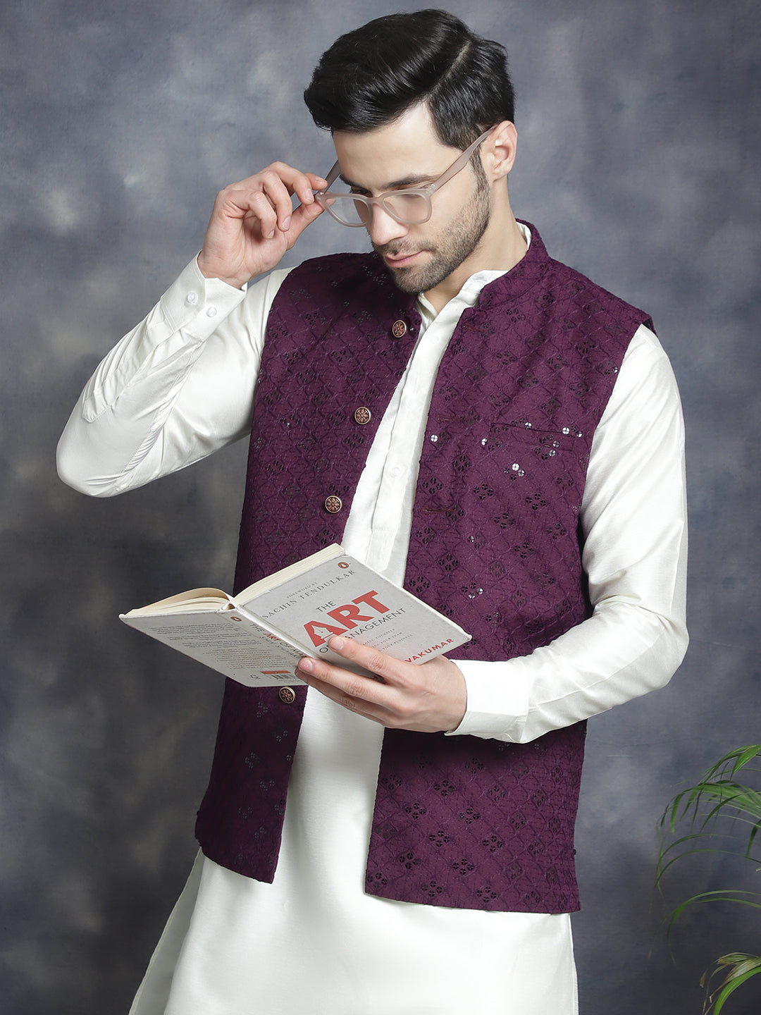 Jompers Men's embroidered and sequins Nehru Jacket - Purple | Grocsy
