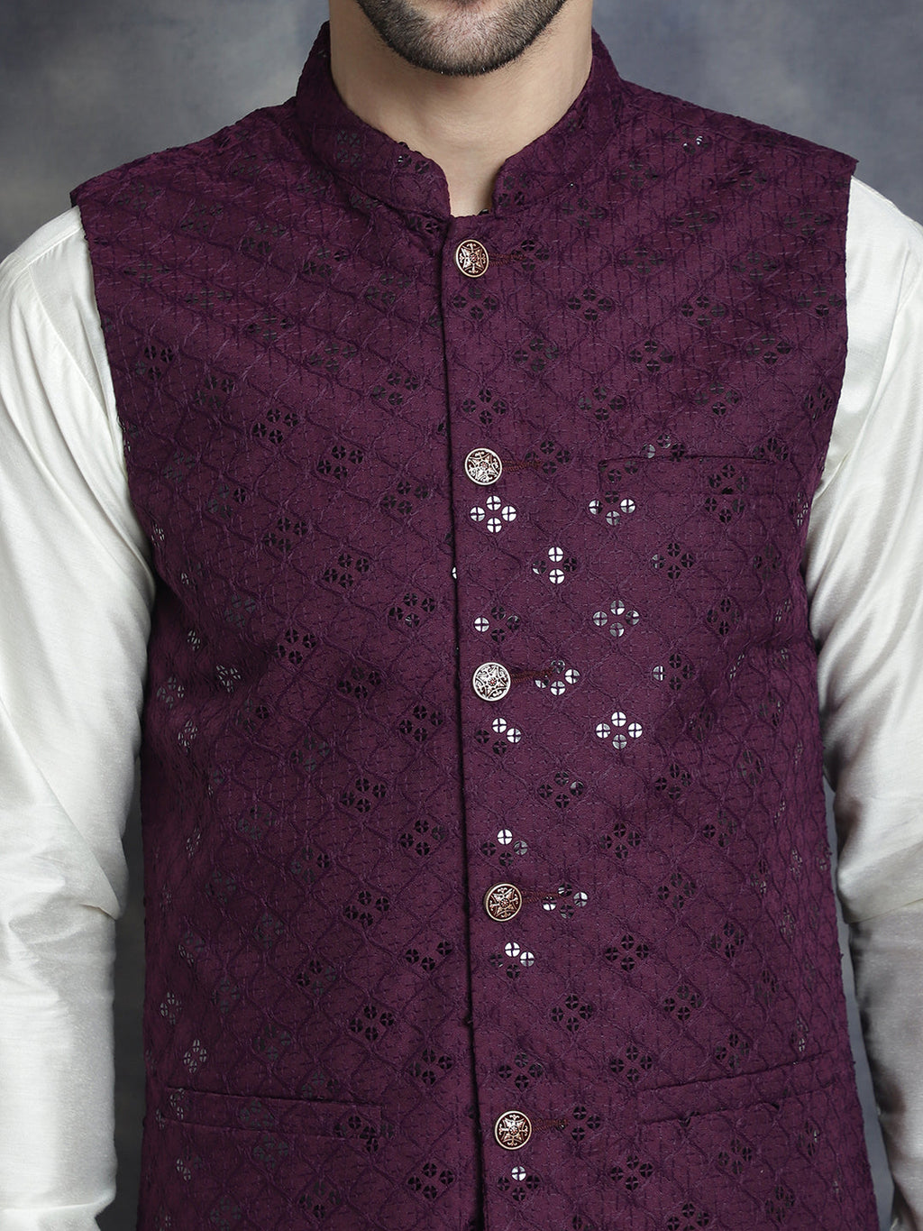 Jompers Men's embroidered and sequins Nehru Jacket - Purple | Grocsy