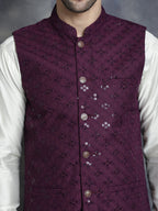 Jompers Men's embroidered and sequins Nehru Jacket - Purple | Grocsy