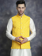 Jompers Men's embroidered and sequins Nehru Jacket - Yellow | Grocsy