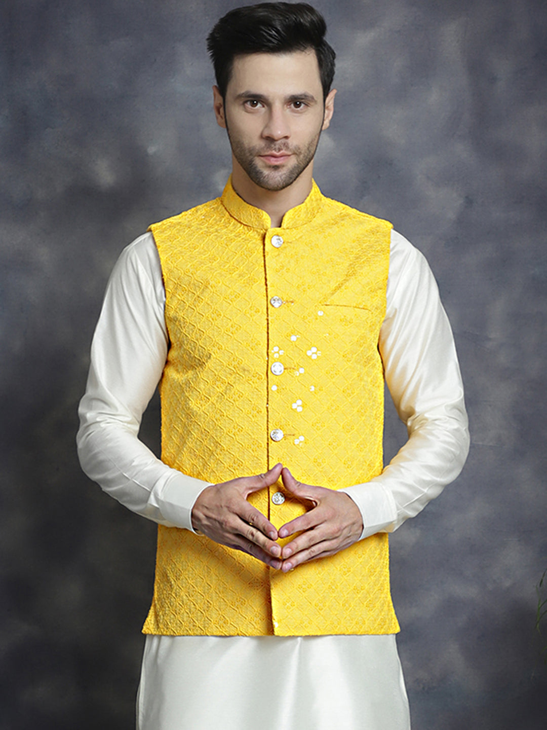 Jompers Men's embroidered and sequins Nehru Jacket - Yellow | Grocsy