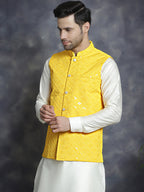 Jompers Men's embroidered and sequins Nehru Jacket - Yellow | Grocsy