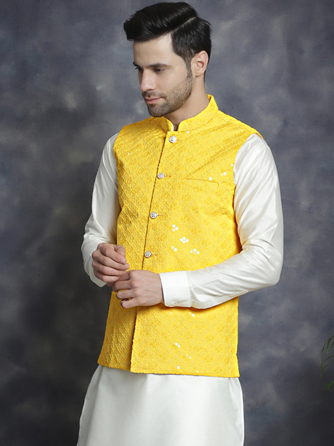 Jompers Men's embroidered and sequins Nehru Jacket - Yellow | Grocsy