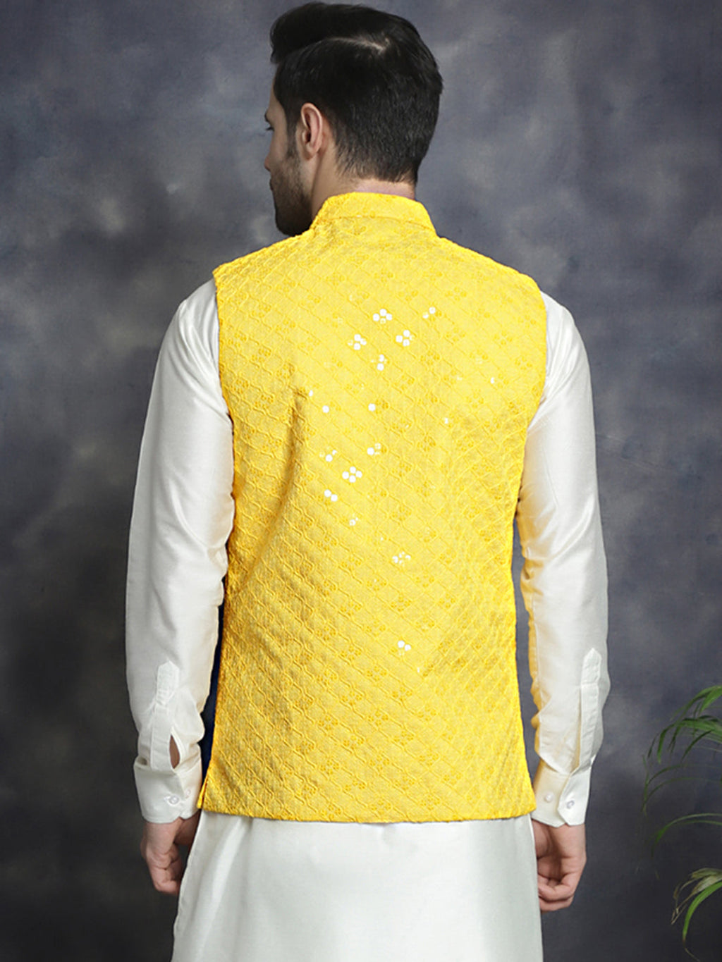 Jompers Men's embroidered and sequins Nehru Jacket - Yellow | Grocsy