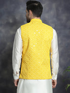 Jompers Men's embroidered and sequins Nehru Jacket - Yellow | Grocsy