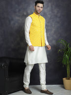 Jompers Men's embroidered and sequins Nehru Jacket - Yellow | Grocsy