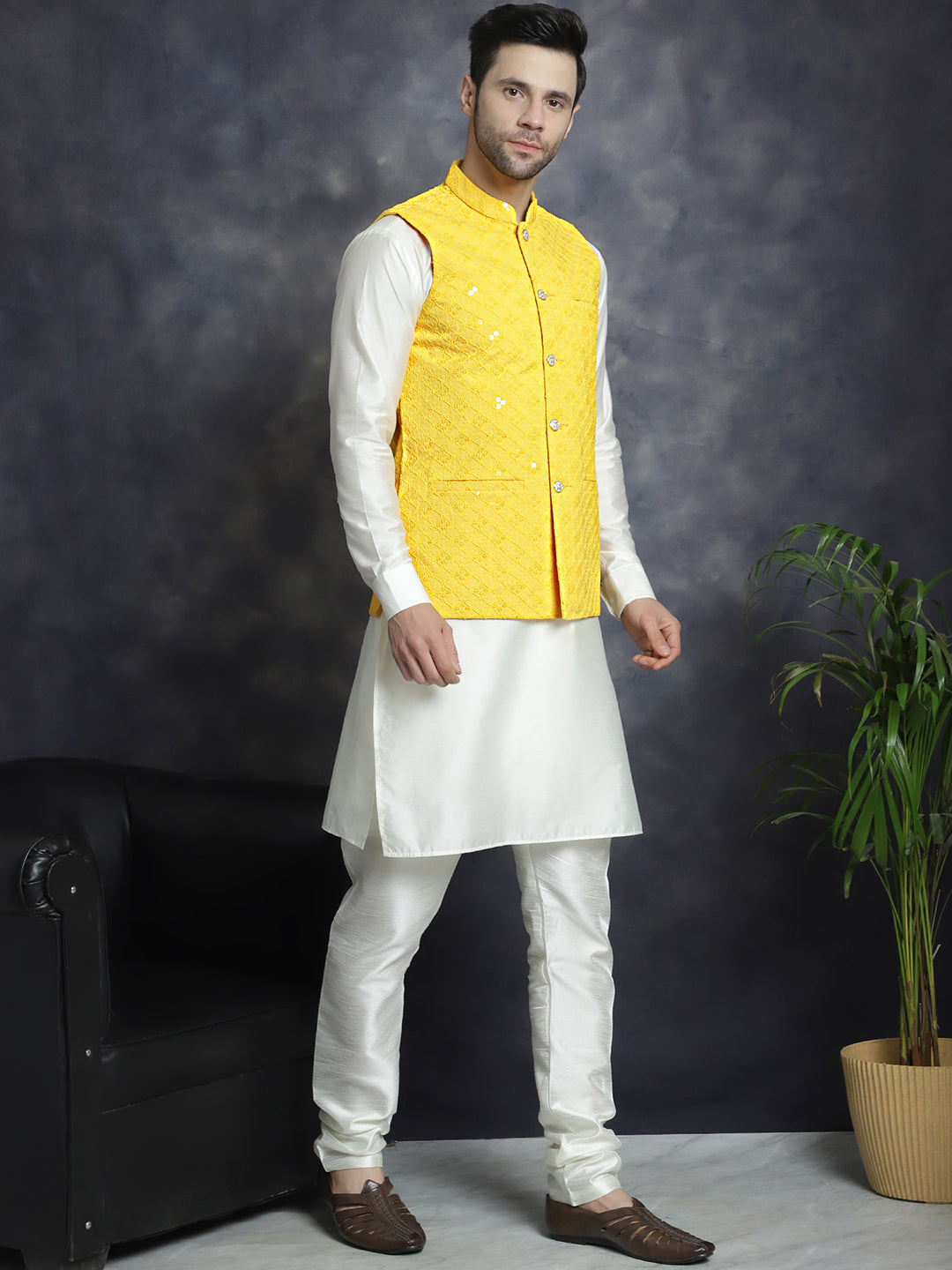 Jompers Men's embroidered and sequins Nehru Jacket - Yellow | Grocsy