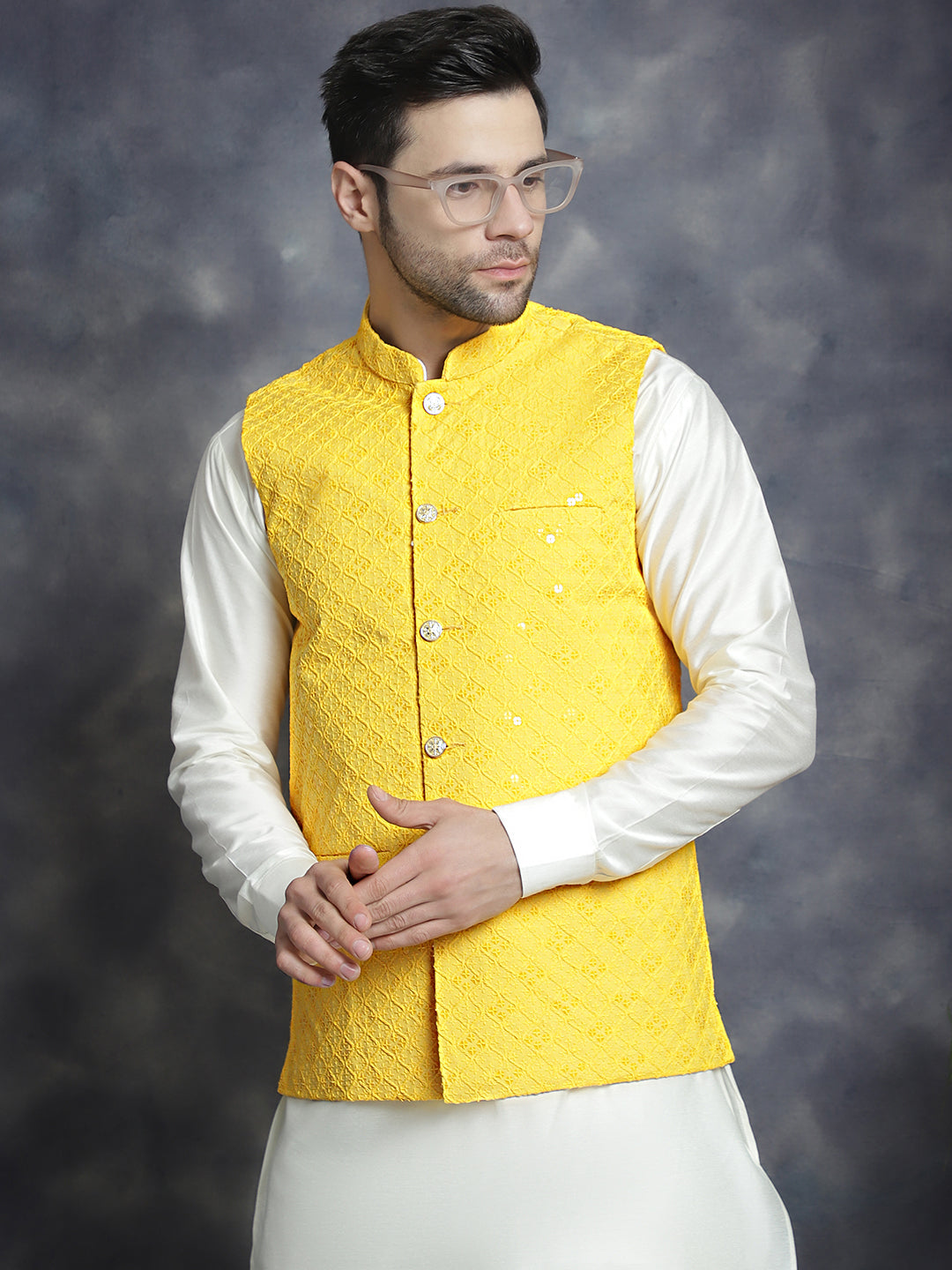 Jompers Men's embroidered and sequins Nehru Jacket - Yellow | Grocsy