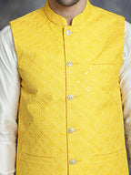 Jompers Men's embroidered and sequins Nehru Jacket - Yellow | Grocsy