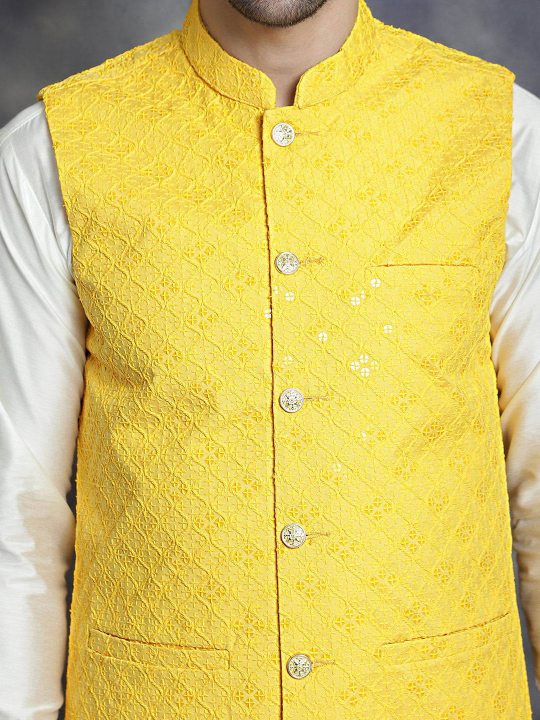 Jompers Men's embroidered and sequins Nehru Jacket - Yellow | Grocsy