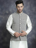 Jompers Men's embroidered and sequins Nehru Jacket - Grey | Grocsy