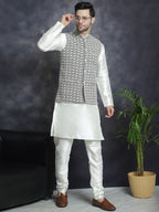 Jompers Men's embroidered and sequins Nehru Jacket - Grey | Grocsy