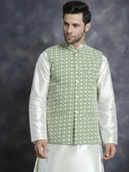 Jompers Men's embroidered and sequins Nehru Jacket - Mehndi | Grocsy