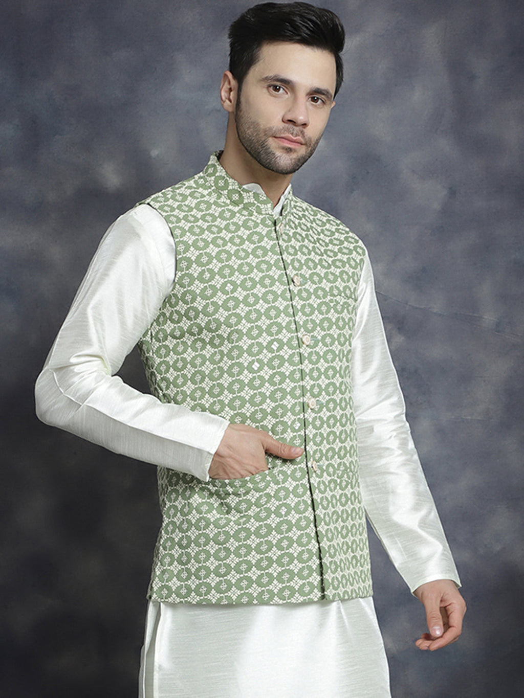 Jompers Men's embroidered and sequins Nehru Jacket - Mehndi | Grocsy