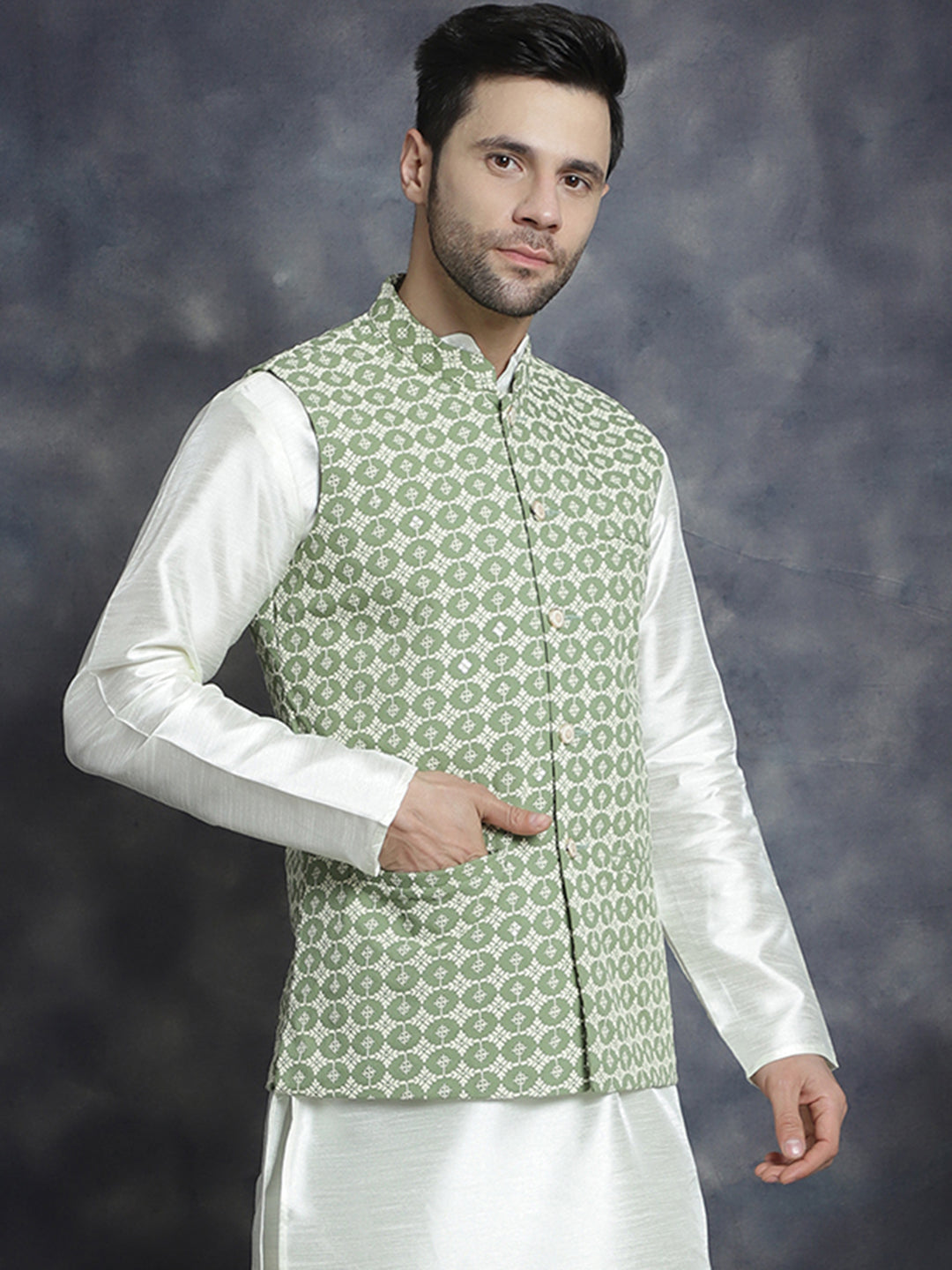 Jompers Men's embroidered and sequins Nehru Jacket - Mehndi | Grocsy