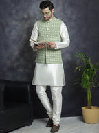 Jompers Men's embroidered and sequins Nehru Jacket - Mehndi | Grocsy