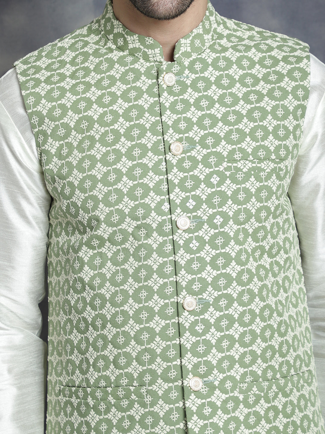 Jompers Men's embroidered and sequins Nehru Jacket - Mehndi | Grocsy