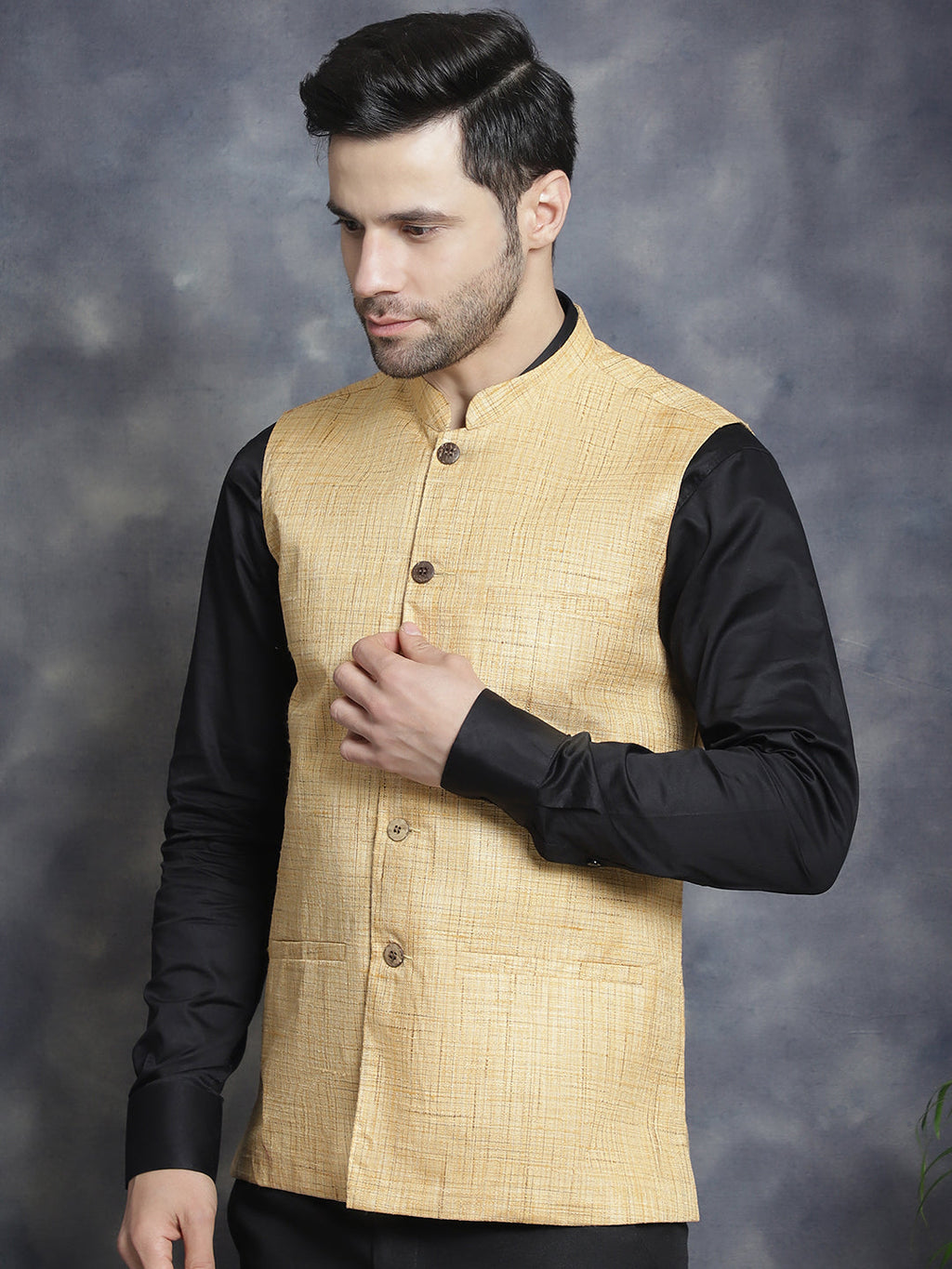 Jompers Men's Woven Design Nehru Jacket - Beige | Grocsy