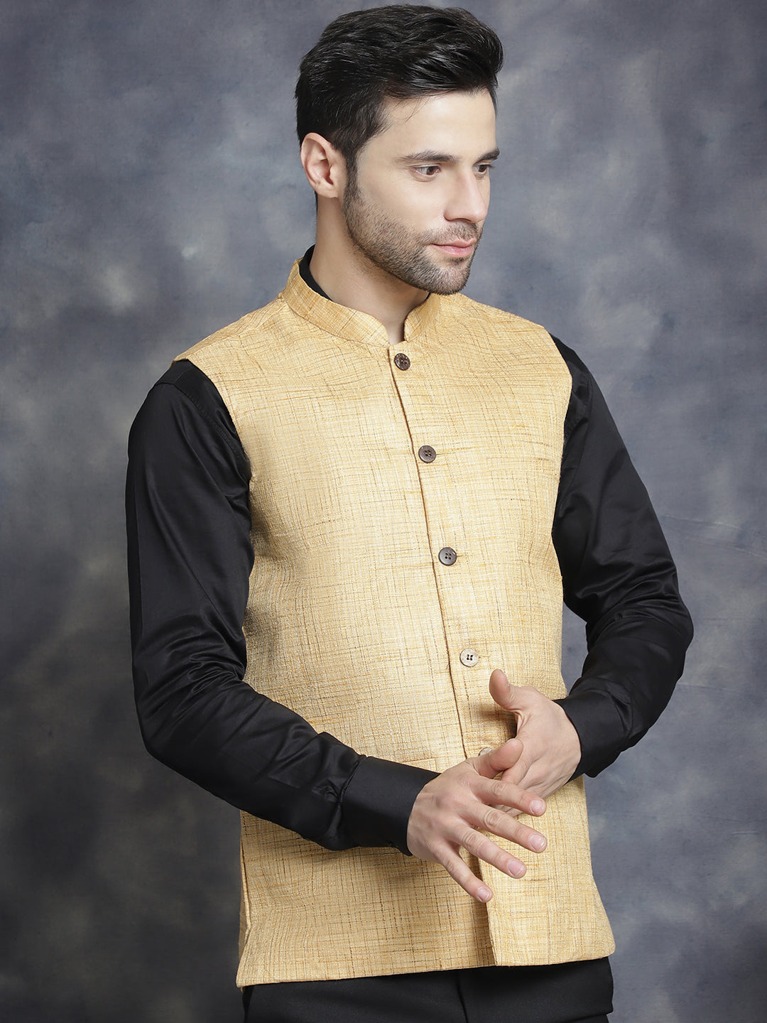 Jompers Men's Woven Design Nehru Jacket - Beige | Grocsy
