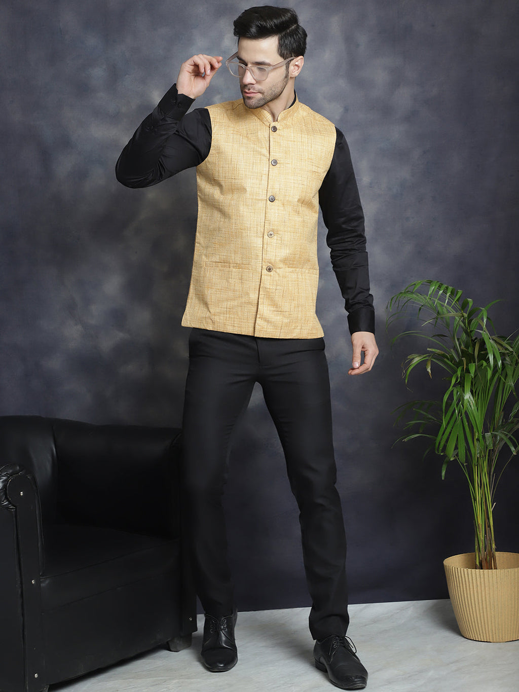 Jompers Men's Woven Design Nehru Jacket - Beige | Grocsy