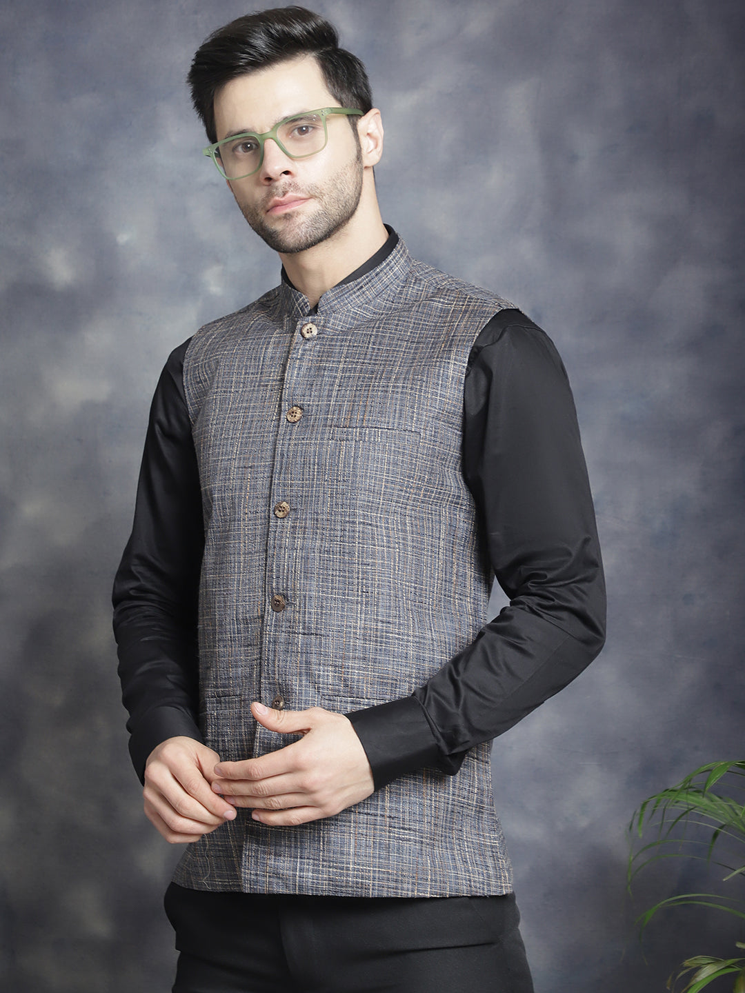 Jompers Men's Woven Design Nehru Jacket - Charcoal | Grocsy