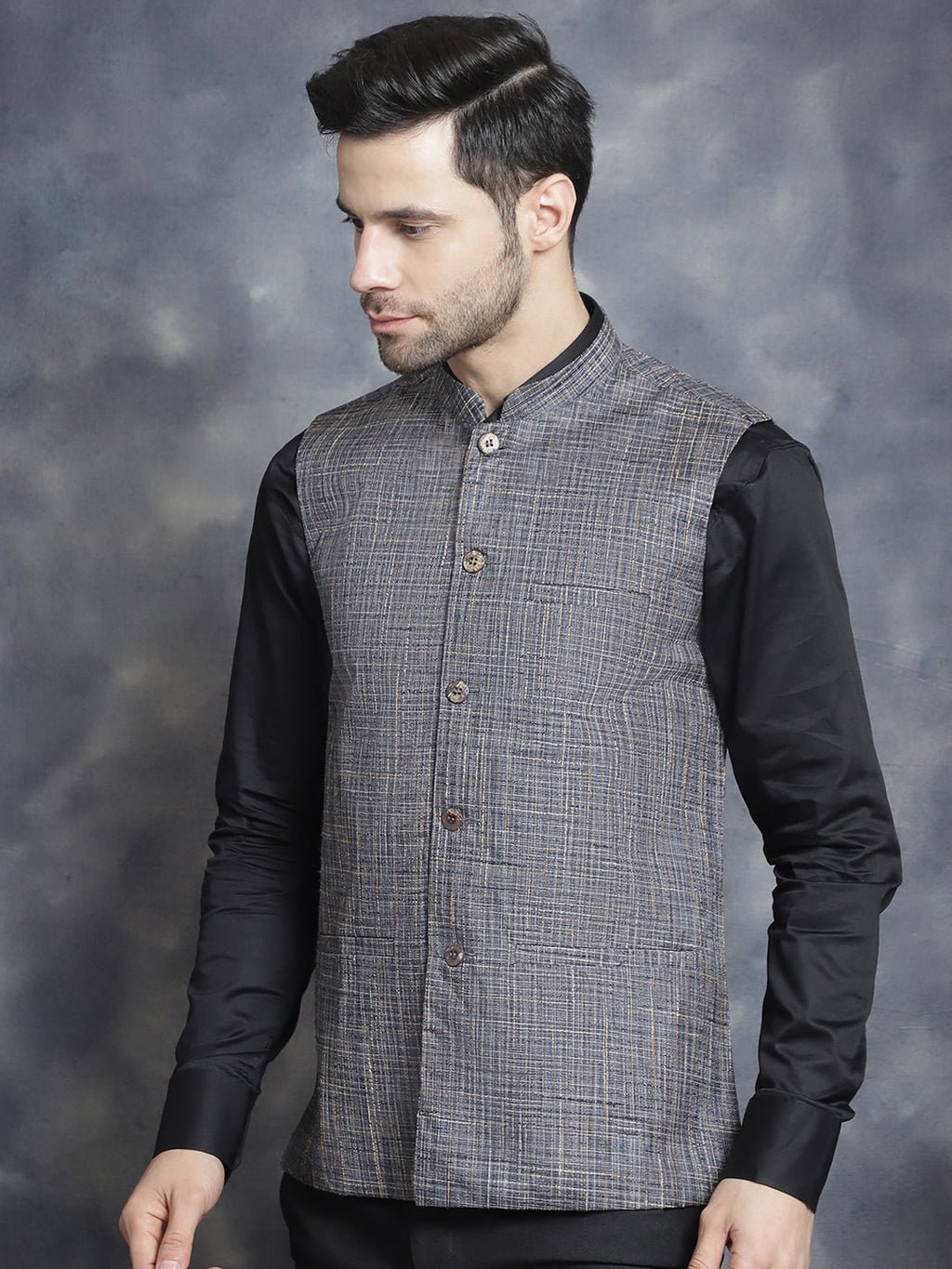 Jompers Men's Woven Design Nehru Jacket - Charcoal | Grocsy