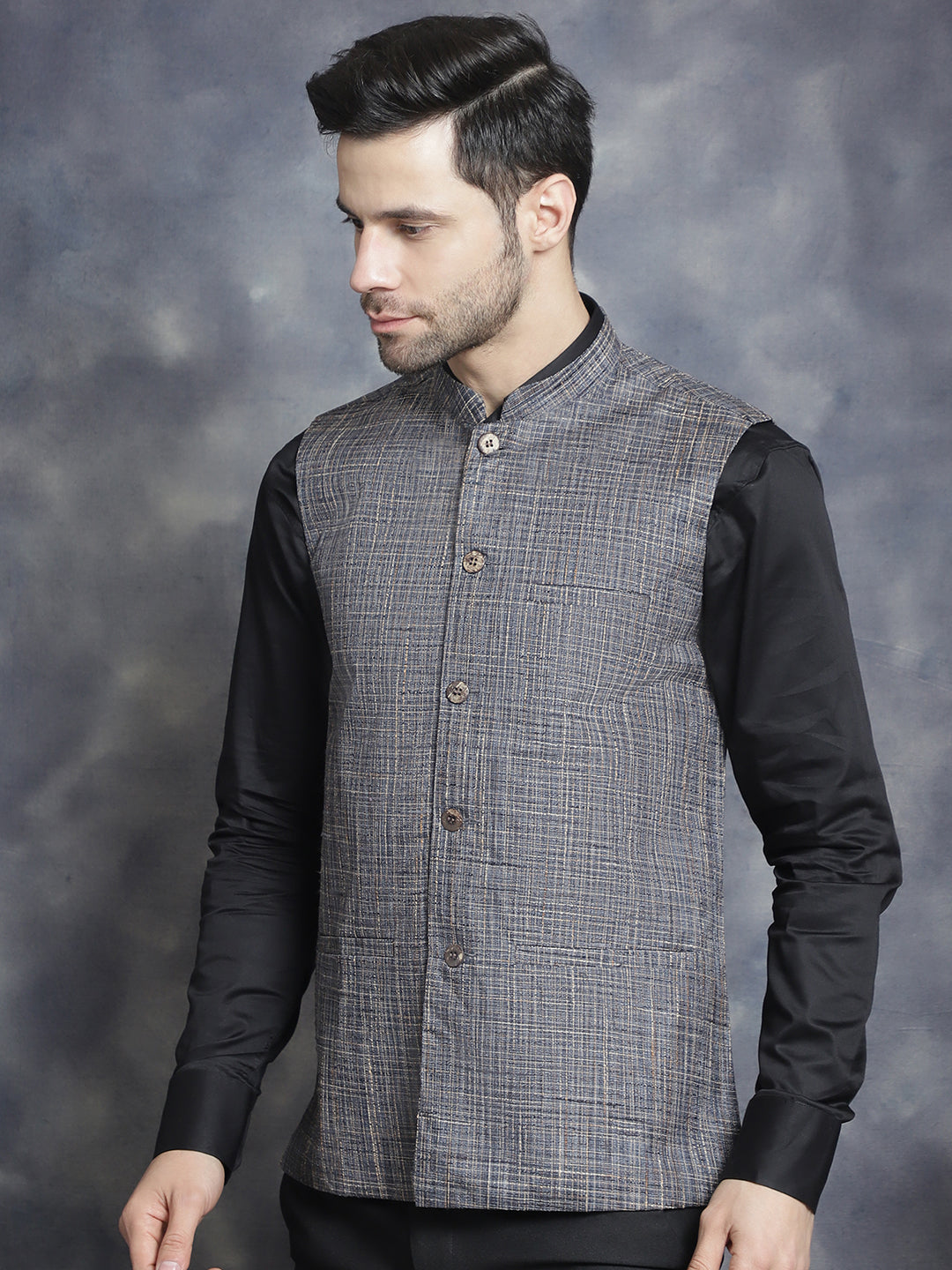 Jompers Men's Woven Design Nehru Jacket - Charcoal | Grocsy