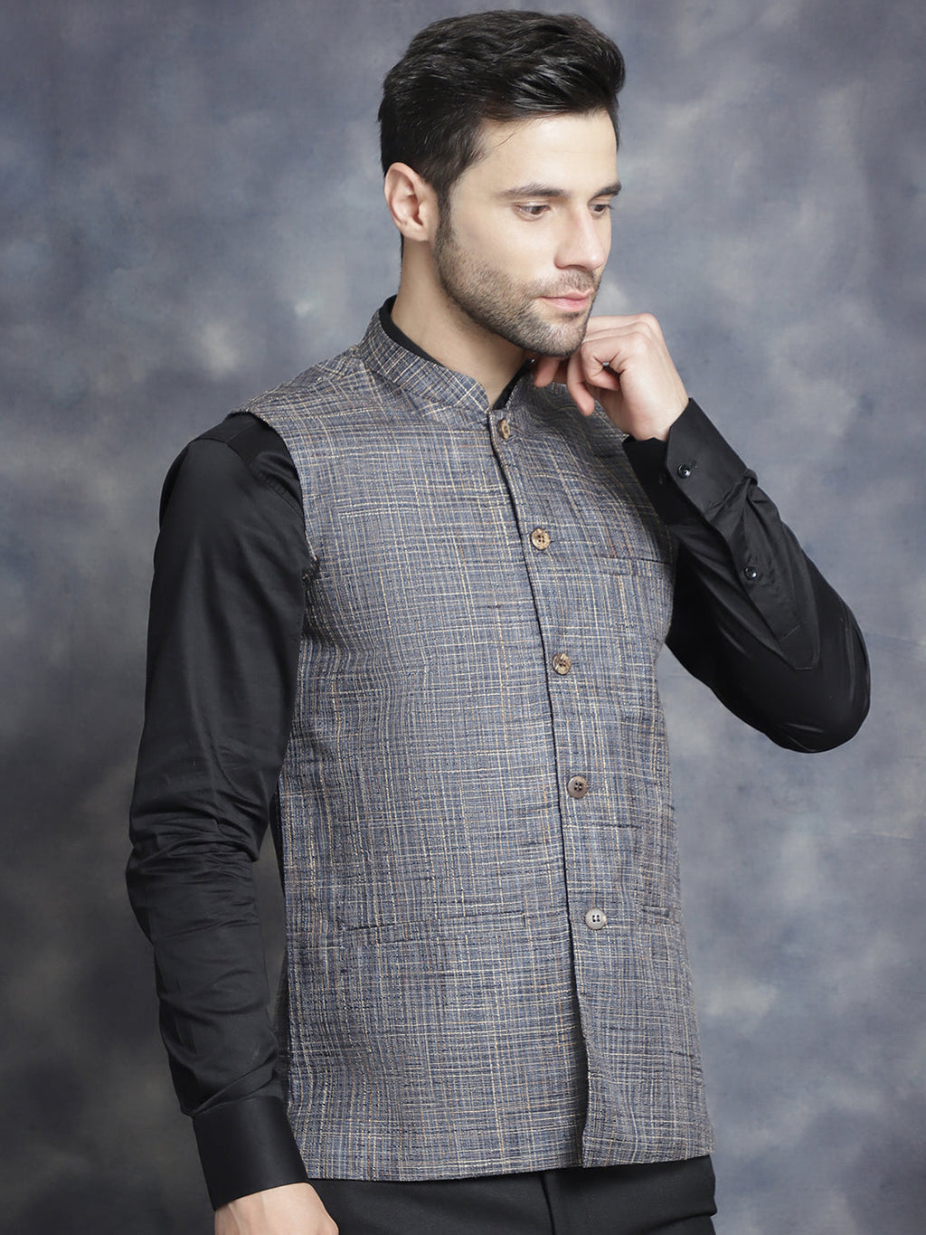 Jompers Men's Woven Design Nehru Jacket - Charcoal | Grocsy