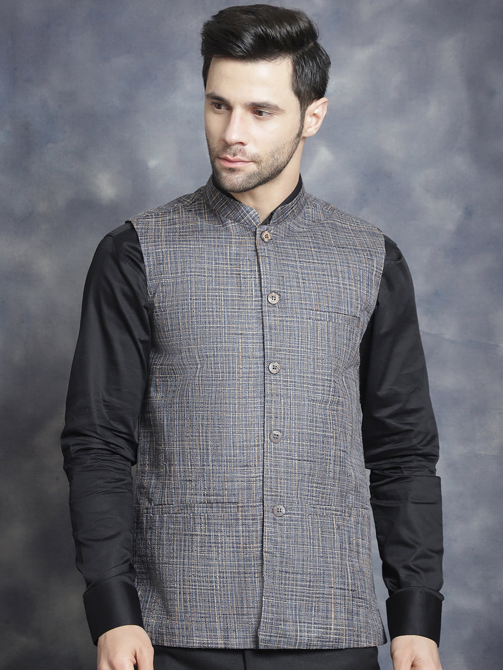 Jompers Men's Woven Design Nehru Jacket - Charcoal | Grocsy