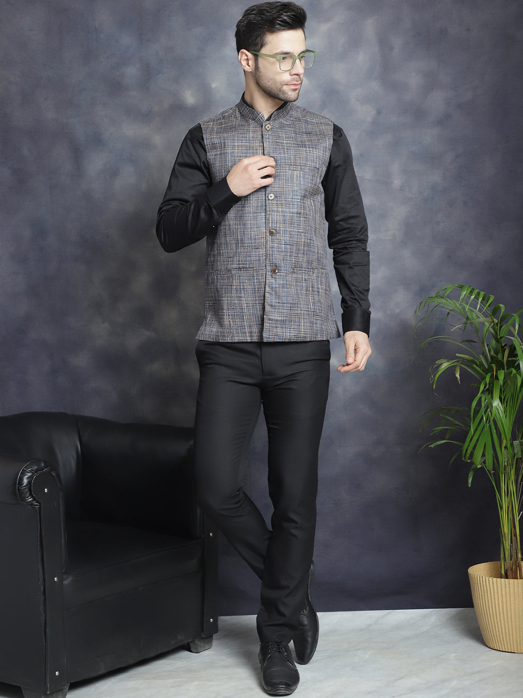 Jompers Men's Woven Design Nehru Jacket - Charcoal | Grocsy