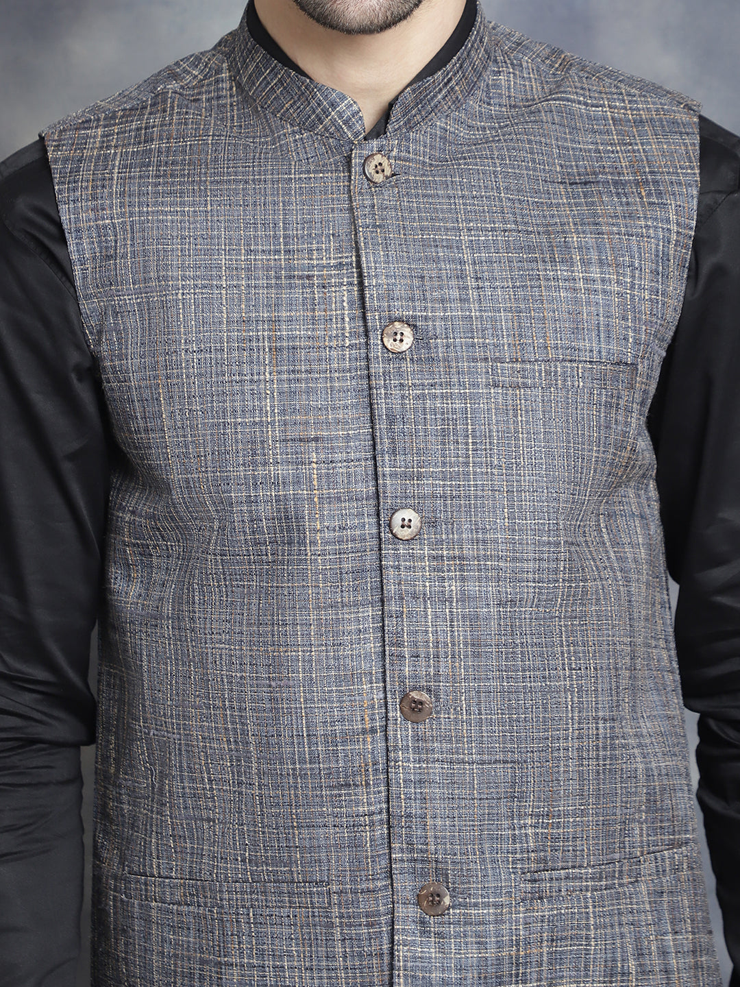 Jompers Men's Woven Design Nehru Jacket - Charcoal | Grocsy