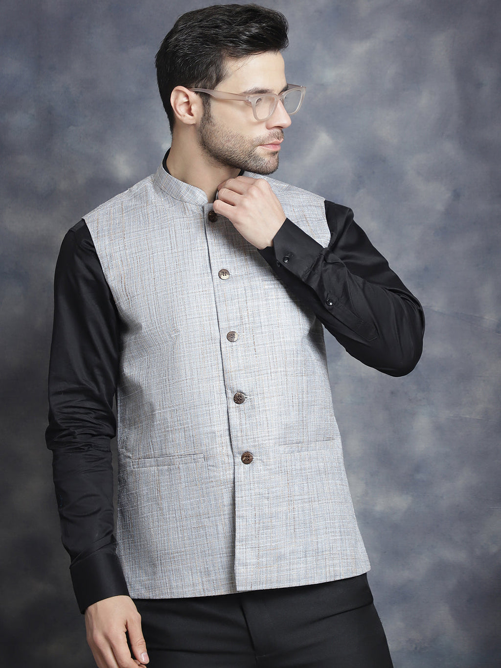 Jompers Men's Woven Design Nehru Jacket - Grey | Grocsy