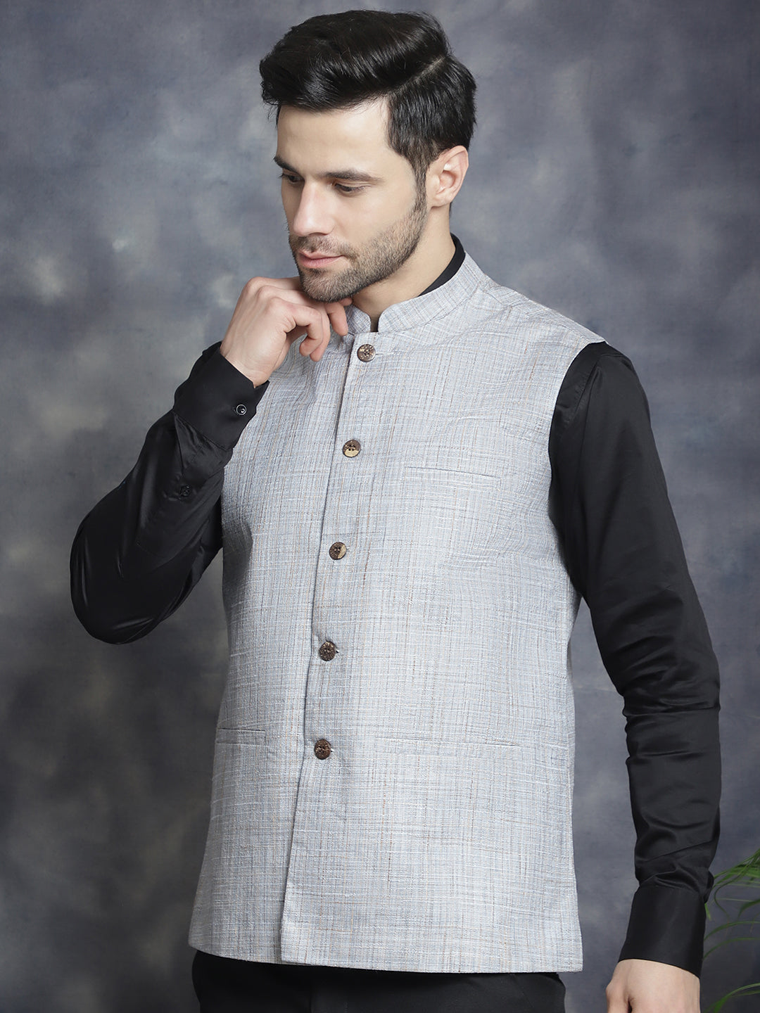 Jompers Men's Woven Design Nehru Jacket - Grey | Grocsy