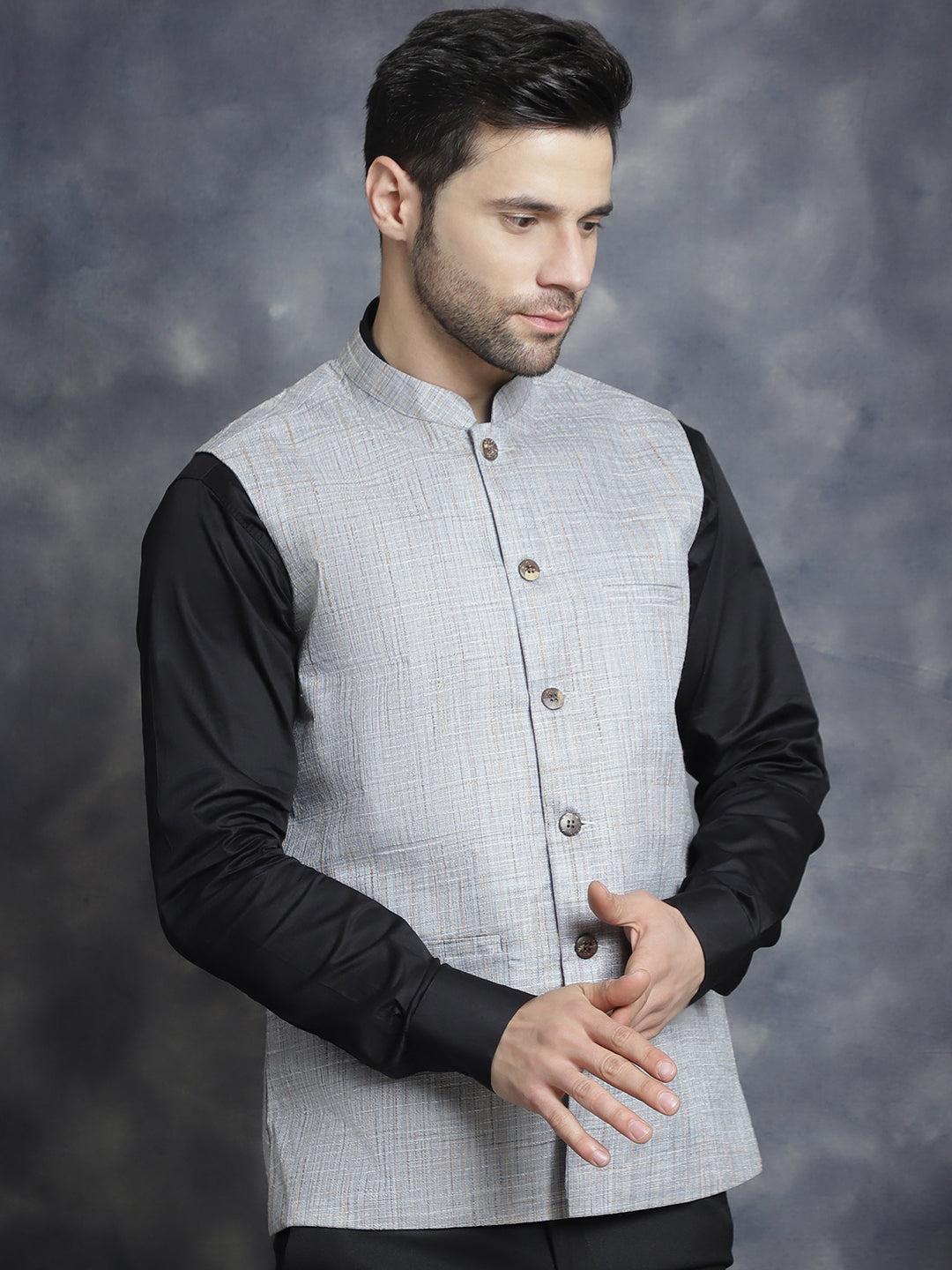 Jompers Men's Woven Design Nehru Jacket - Grey | Grocsy