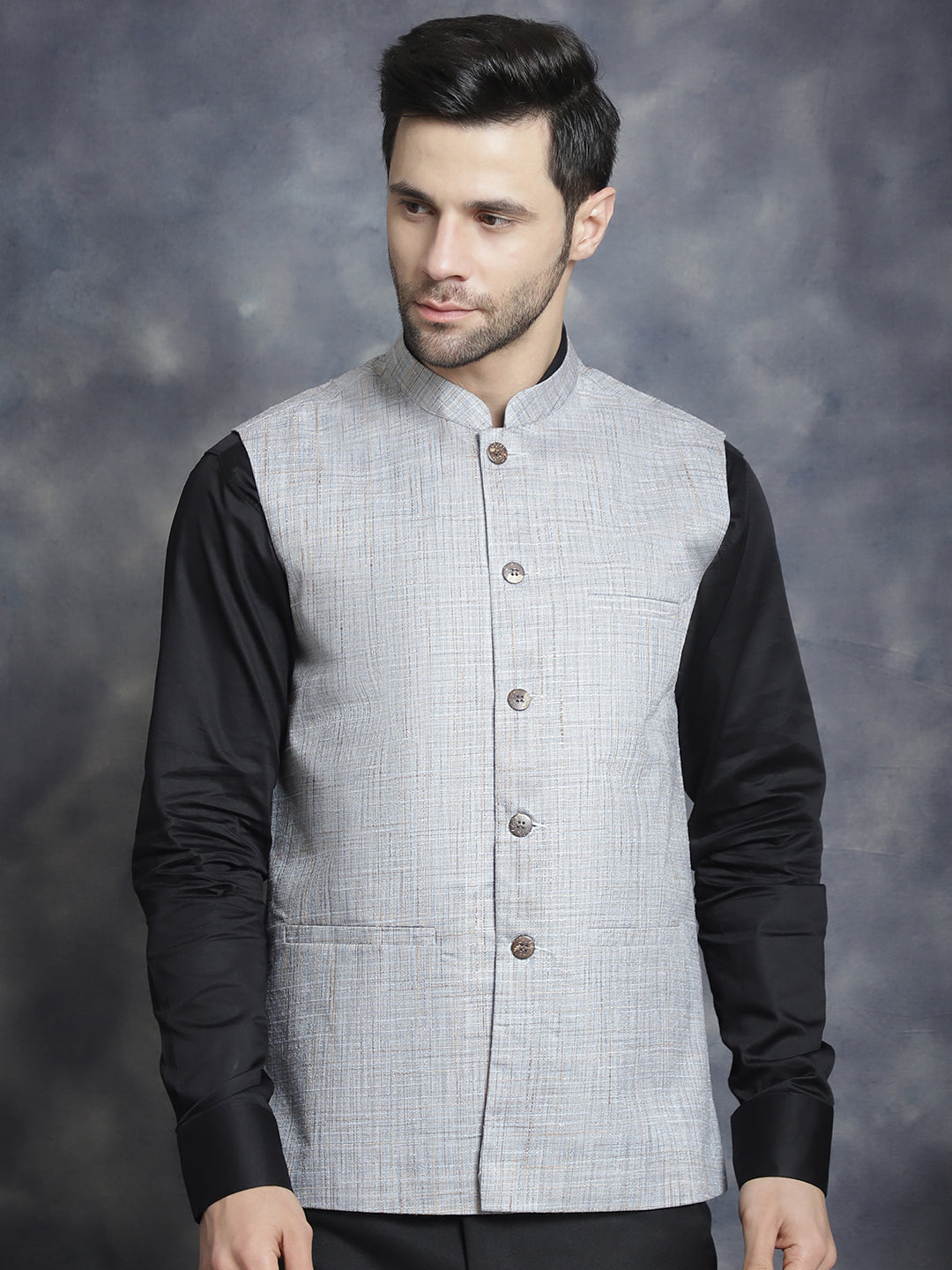 Jompers Men's Woven Design Nehru Jacket - Grey | Grocsy