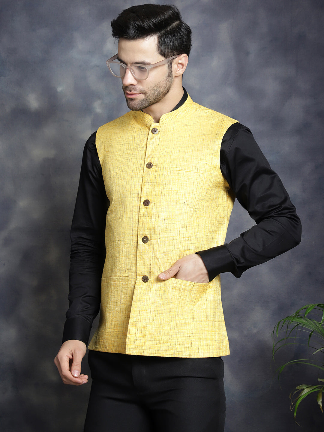 Jompers Men's Woven Design Nehru Jacket - Yellow | Grocsy