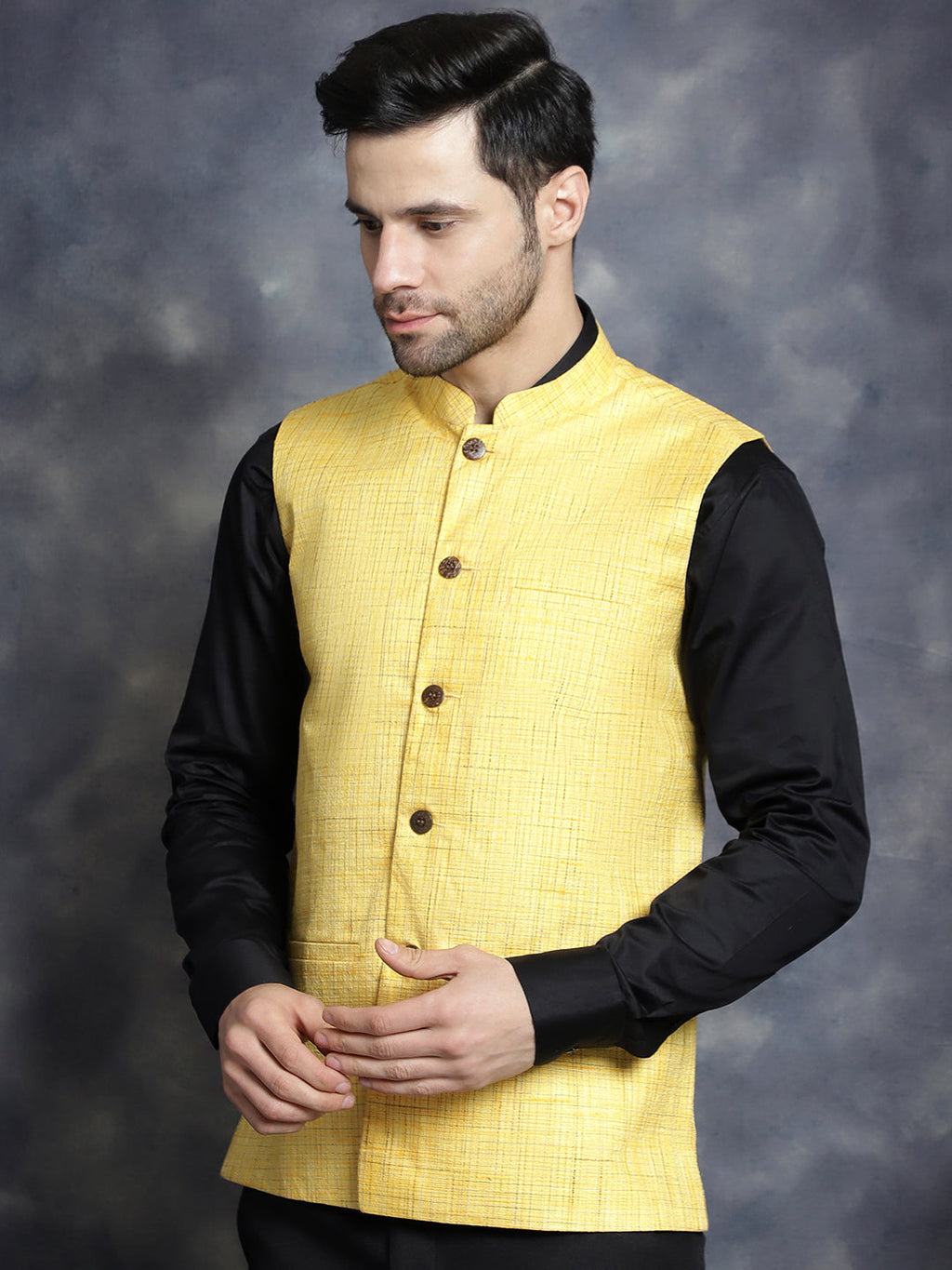 Jompers Men's Woven Design Nehru Jacket - Yellow | Grocsy