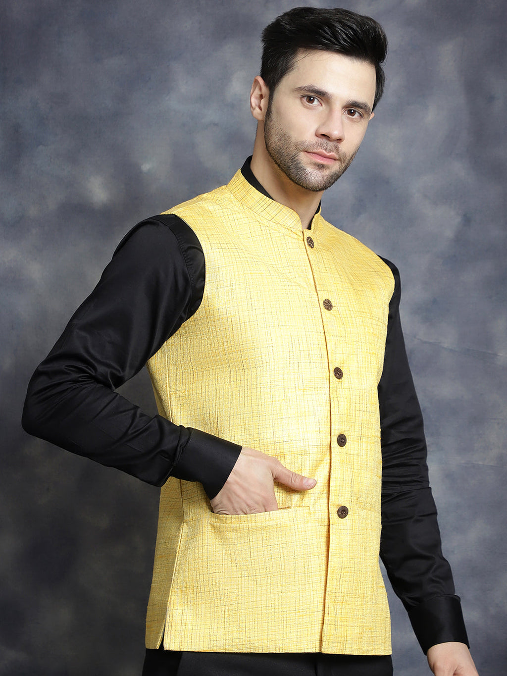 Jompers Men's Woven Design Nehru Jacket - Yellow | Grocsy