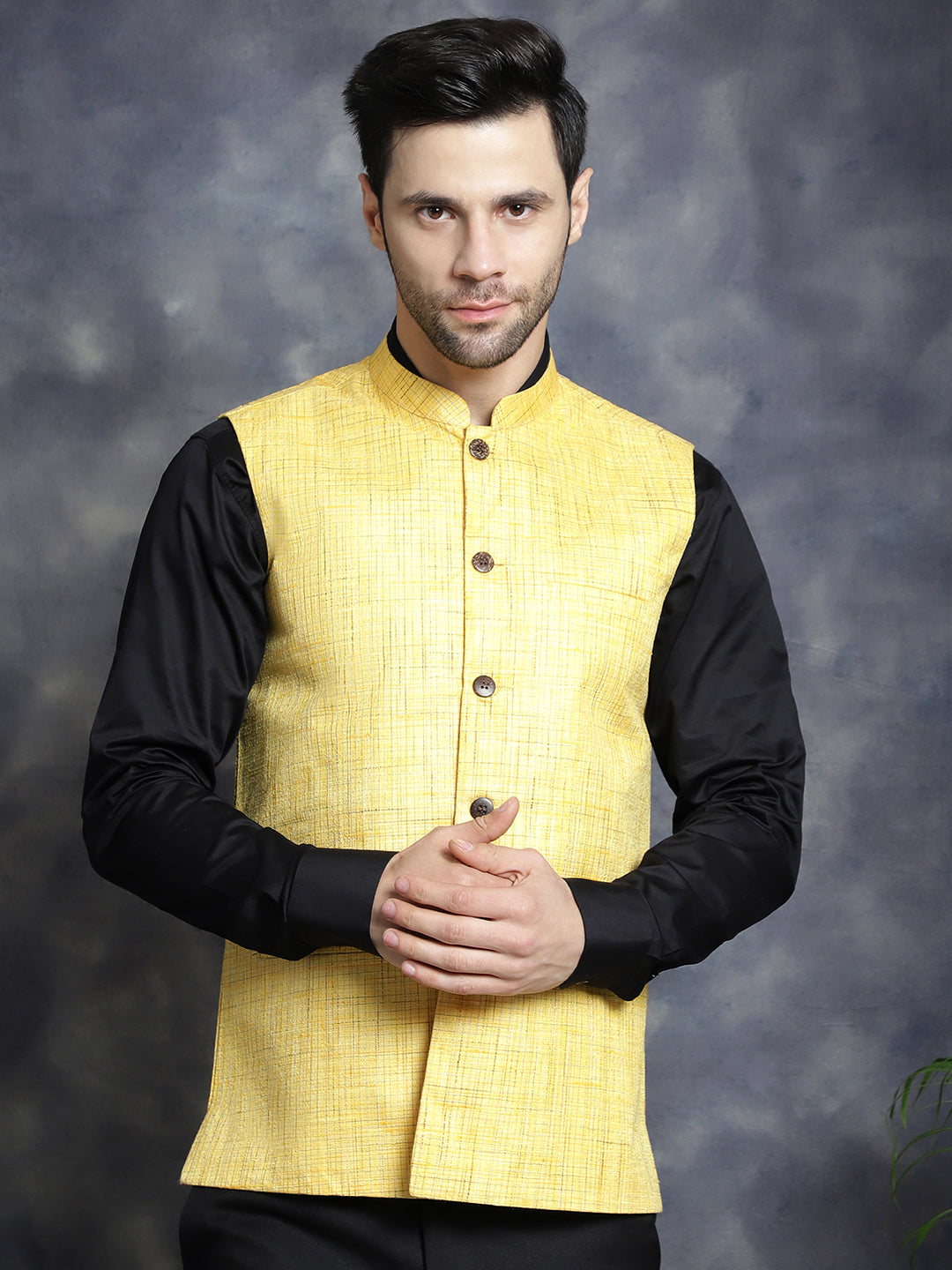 Jompers Men's Woven Design Nehru Jacket - Yellow | Grocsy