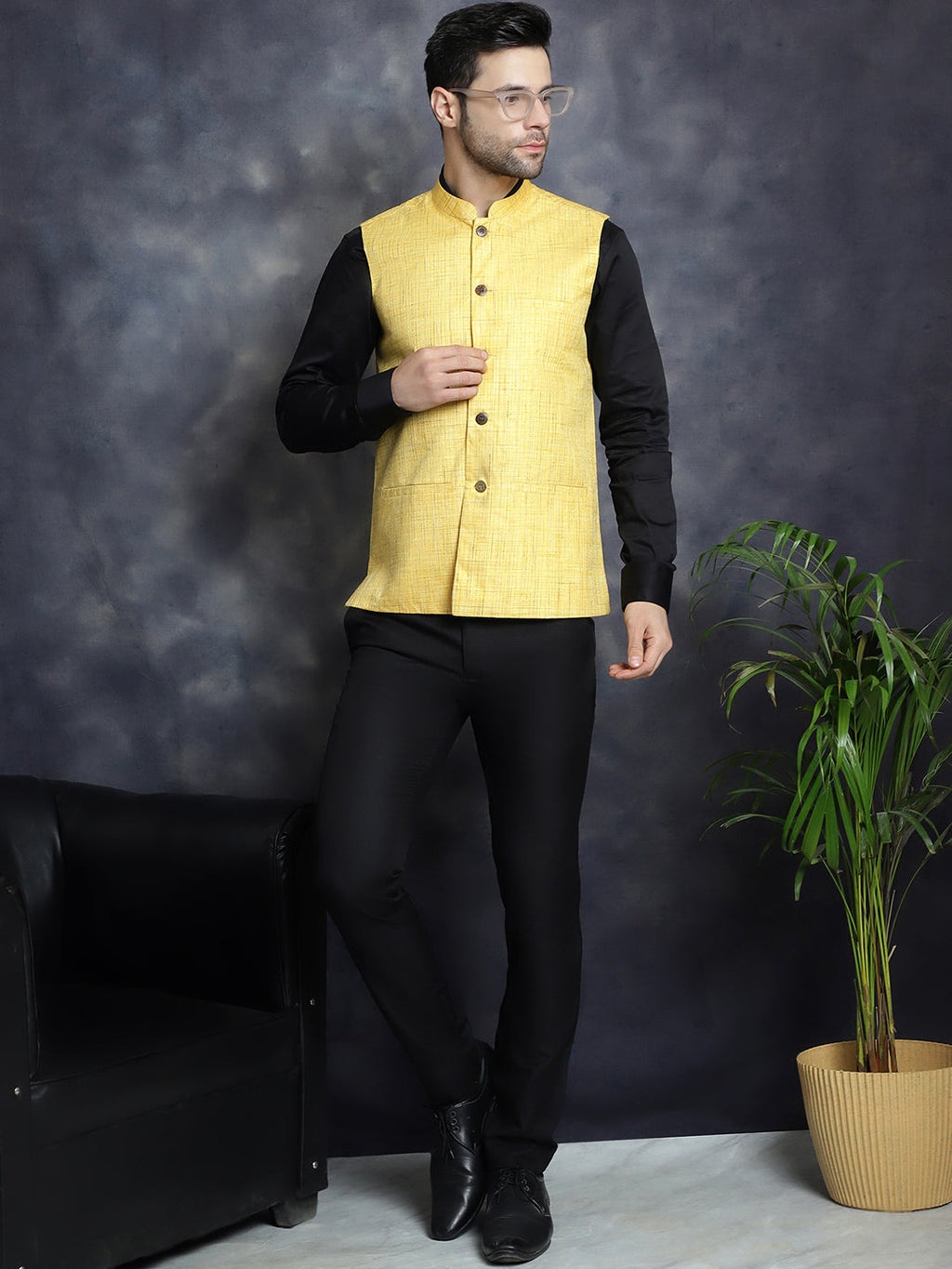 Jompers Men's Woven Design Nehru Jacket - Yellow | Grocsy